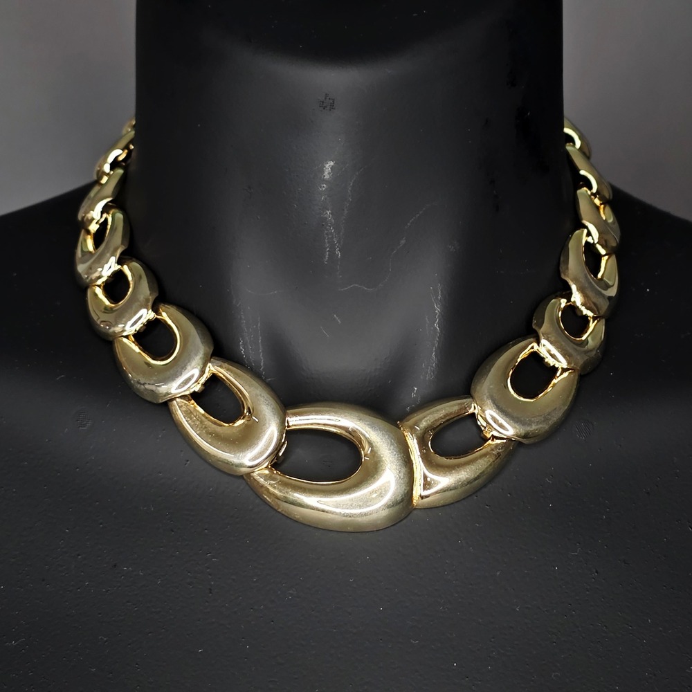 Vintage Chunky Gold Tone Link Collar Necklace Statement 18 Inch Bold Sculptural